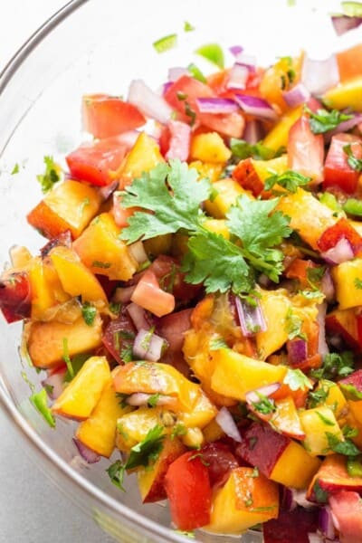 Overhead view of peach salsa in bowl