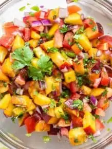 Overhead view of peach salsa in bowl
