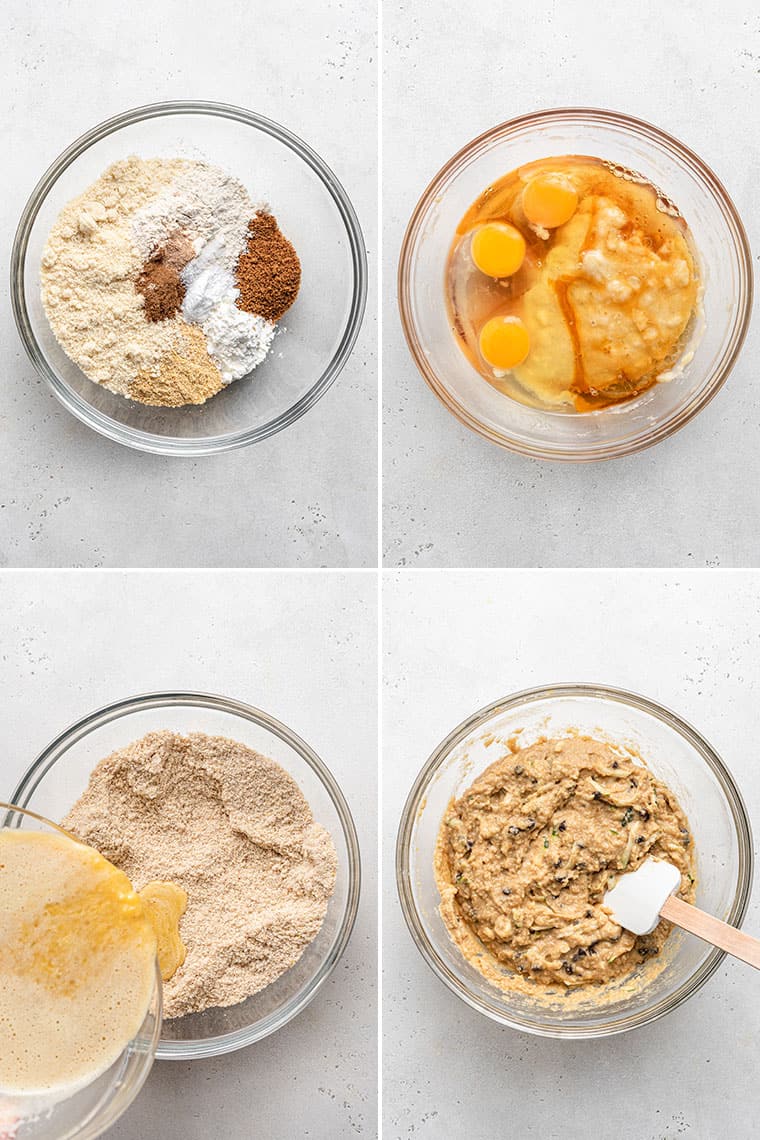 collage of the steps to make batter for chocolate chip zucchini bread