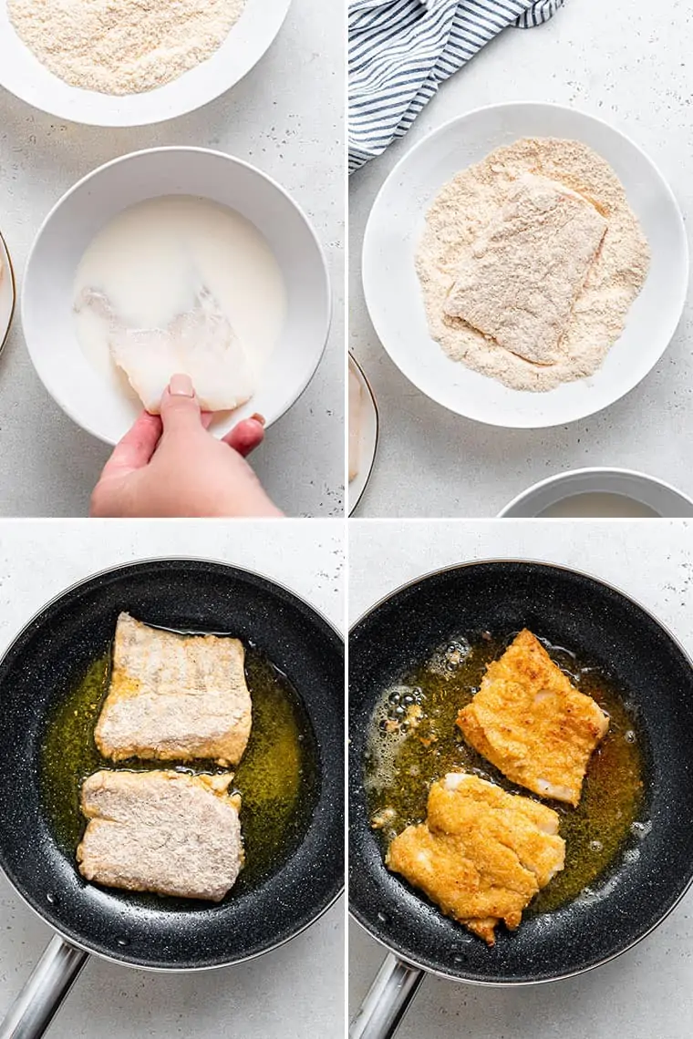 collage of the steps to bread and pan fry fish for tacos