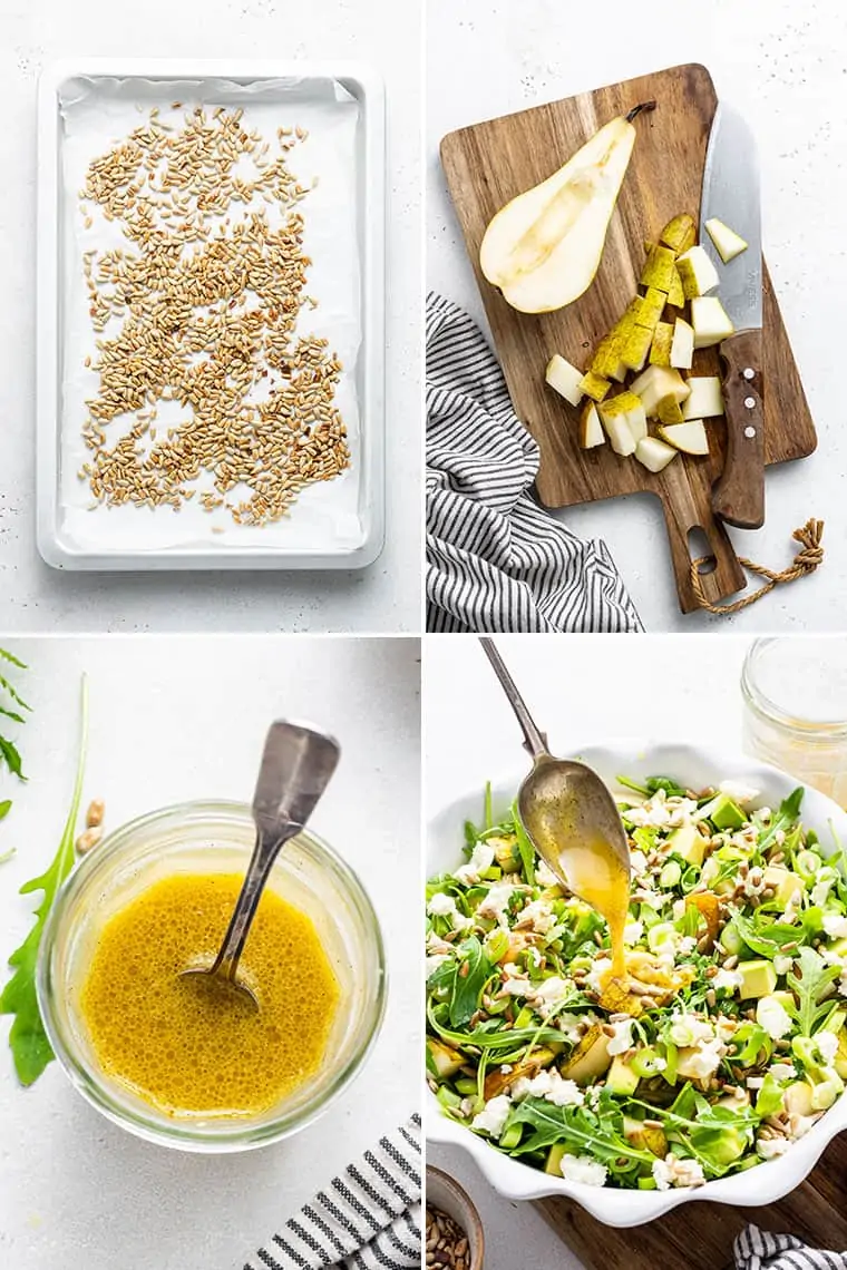 collage of the steps to make pear and arugula salad