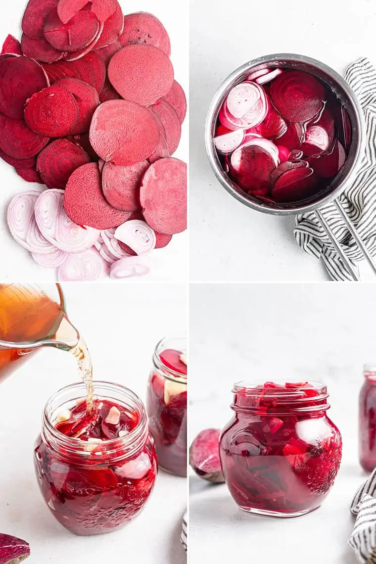 collage of the steps to make quick pickled beets in a jar