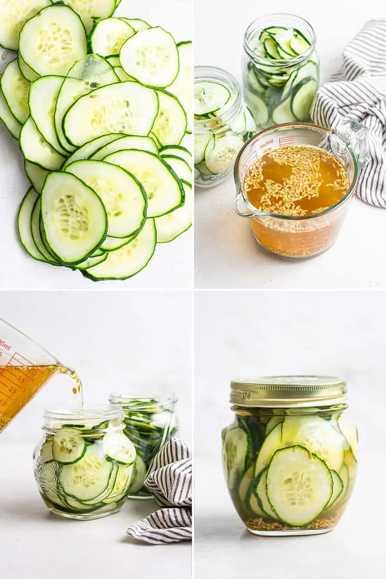 collage of the steps to make simple pickled cucumbers