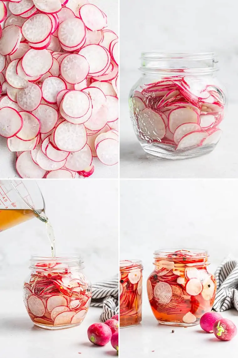collage of the steps to make pickled radishes in a jar