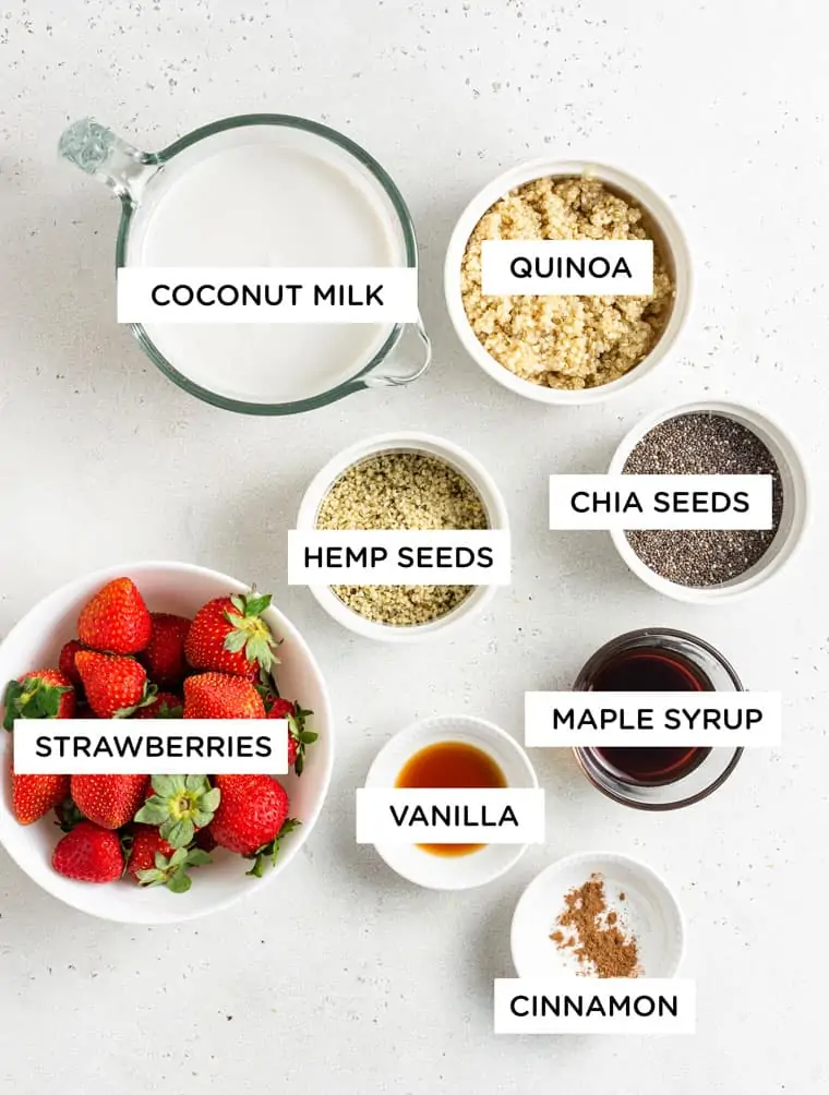 ingredients for strawberry overnight oats with hemp, chia, quinoa and maple