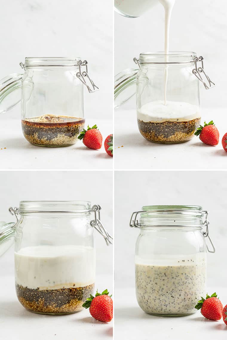 collage of the steps to make strawberry overnight oats in a glass jar