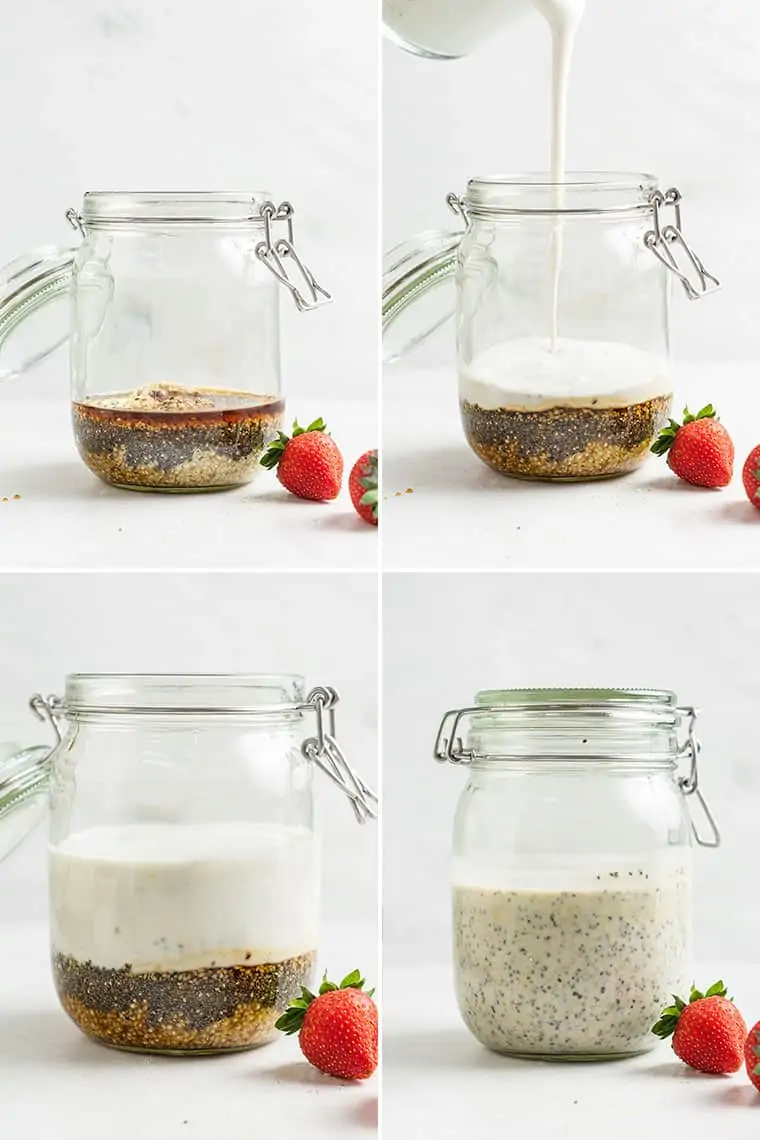 collage of the steps to make strawberry overnight oats in a glass jar