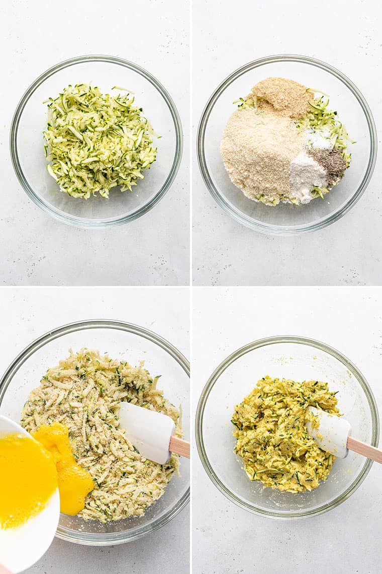 collage of the steps to make zucchini pizza crust with eggs and flour