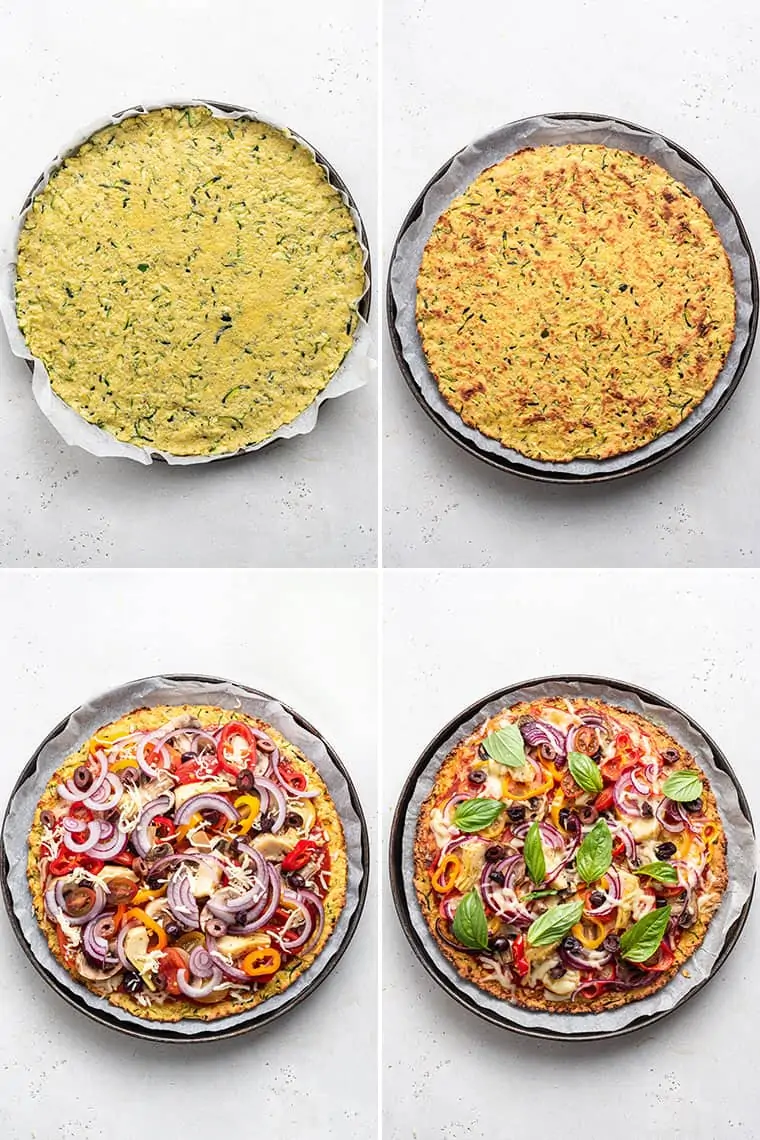 collage of the steps to cook zucchini pizza crust with veggies