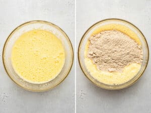 mixing bowl of cake batter with wet and dry ingredients