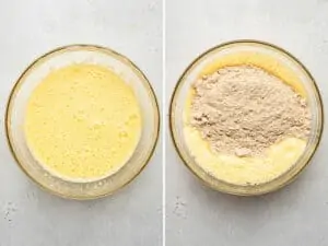 mixing bowl of cake batter with wet and dry ingredients