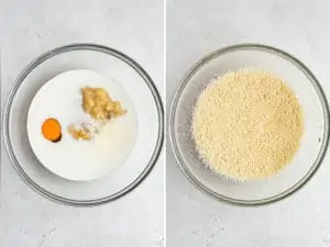 collage of two bowls with wet ingredients for apple cinnamon muffins