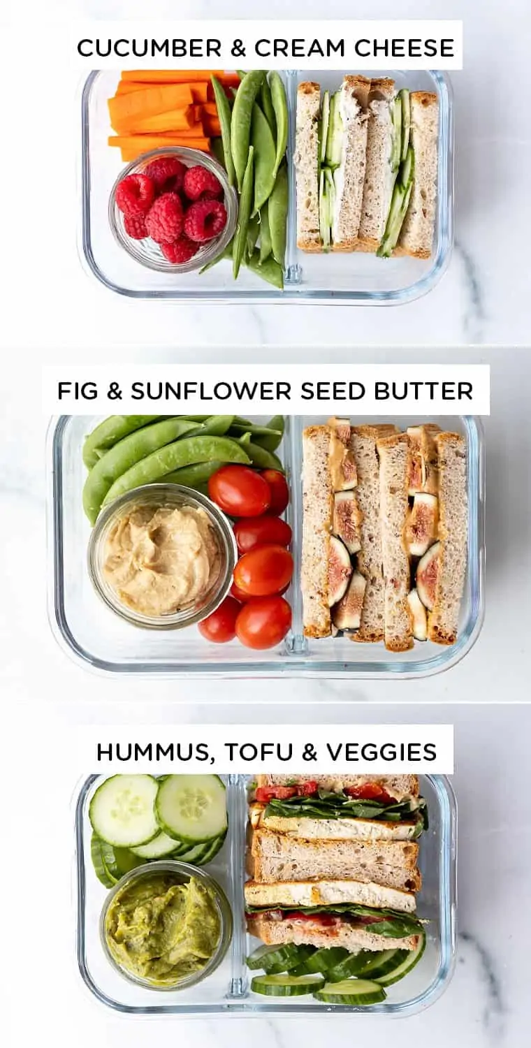 collage of three ways to make bento boxes with healthy sandwiches and vegetables