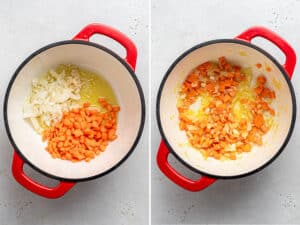 collage of cooking carrots onions and garlic in a soup pot