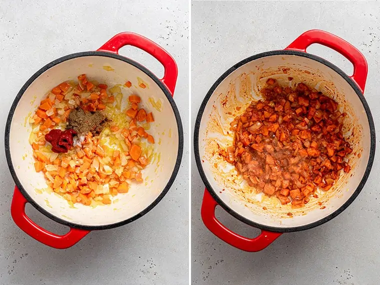 collage of adding aromatics to a pot with tomato paste and seasonings