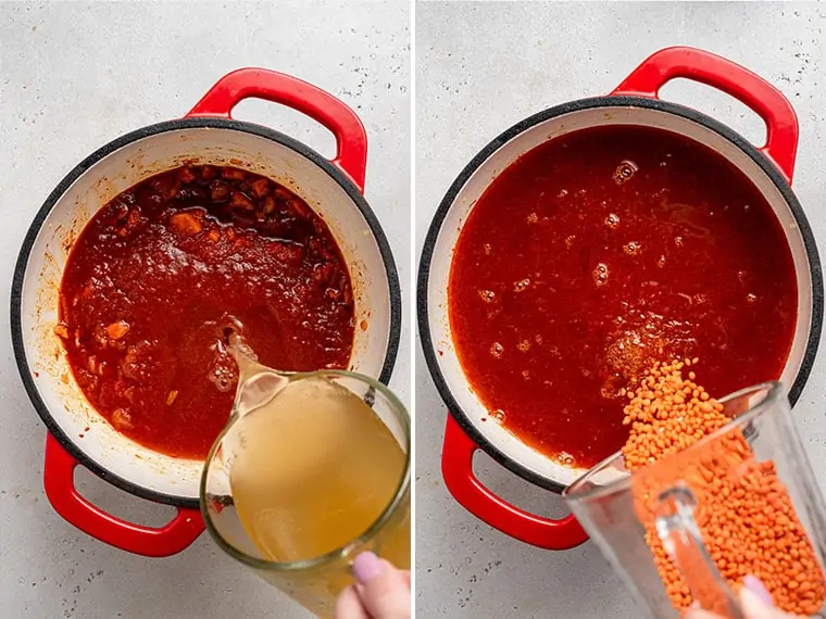 adding broth and lentils to a pot with tomatoes for soup