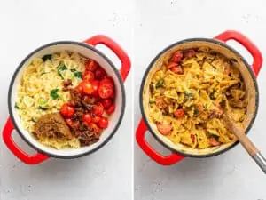 collage of stirring pesto ingredients into bowtie pasta
