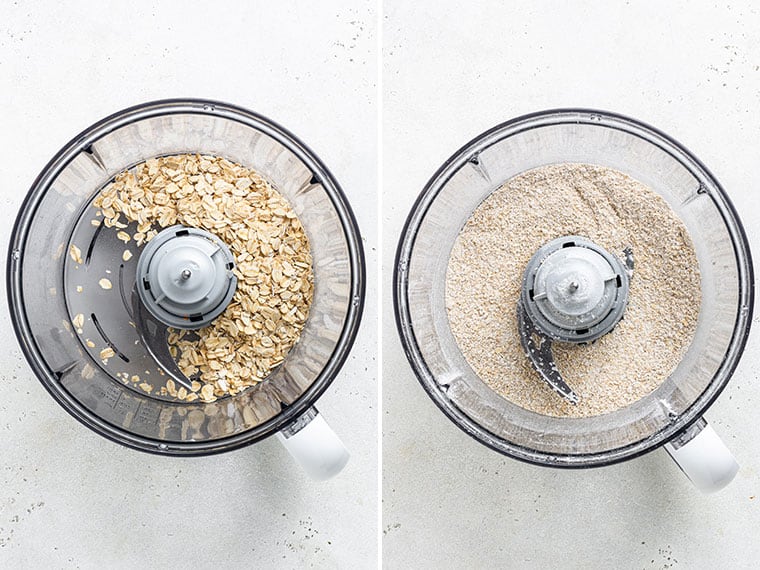 collage of a food processor with rolled oats