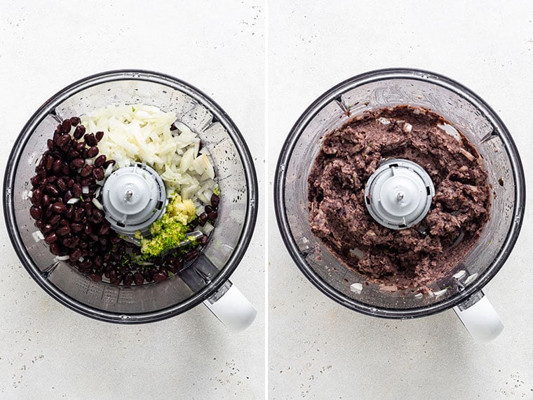 collage of a food processor with black beans and onions for burgers