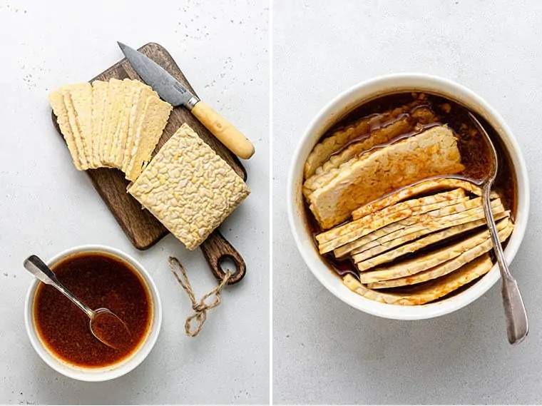 collage of slicing and marinating tempeh for making bacon