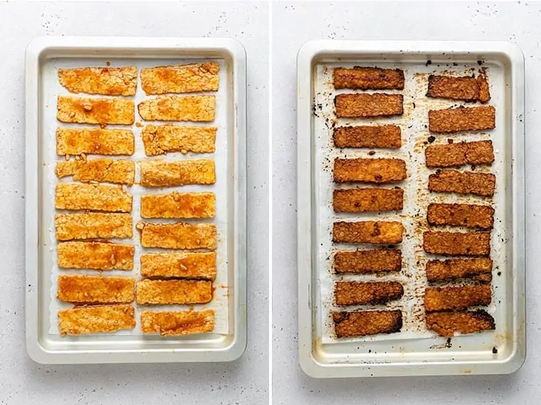 collage of tempeh bacon being cooked before and after on baking sheet