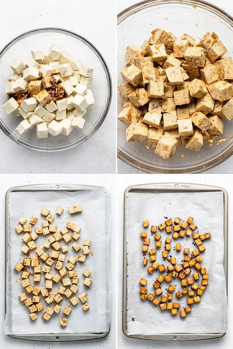 collage of baking teriyaki tofu on a baking sheet