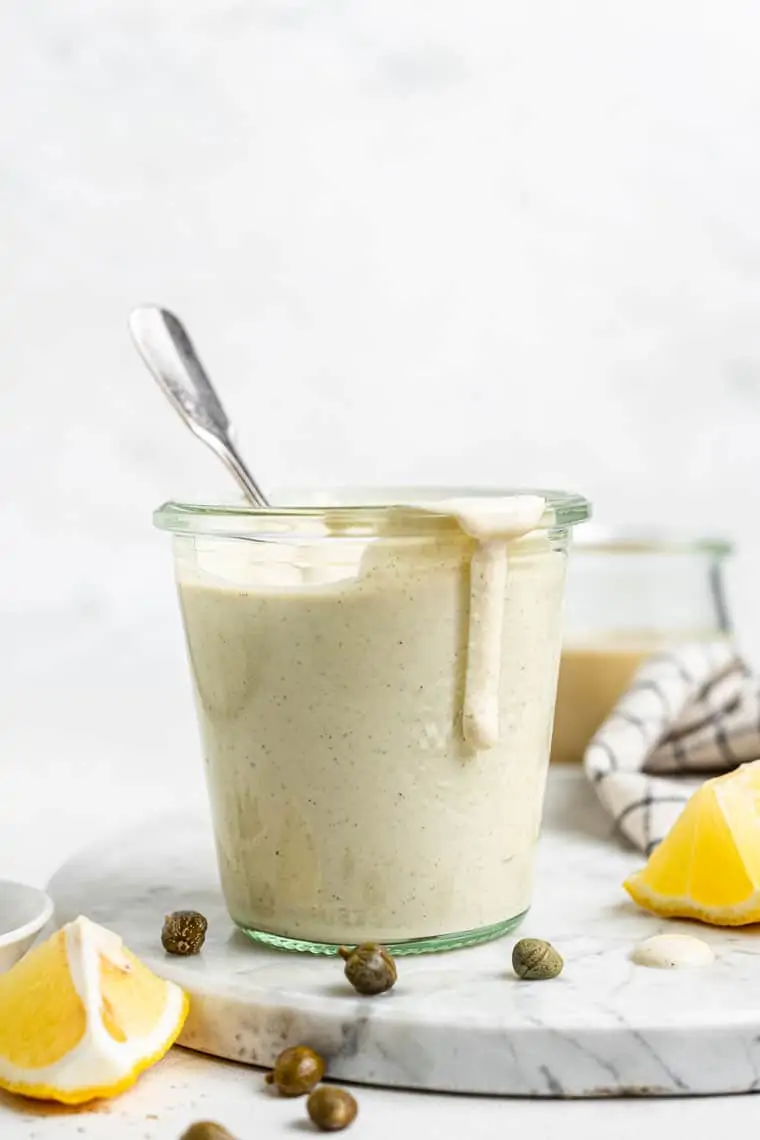 glass jar of creamy vegan salad dressing