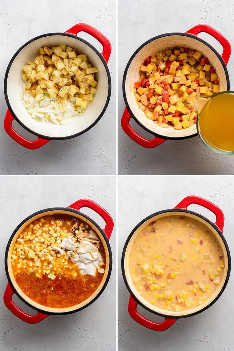 collage of the steps to make vegan corn chowder with coconut milk and potatoes
