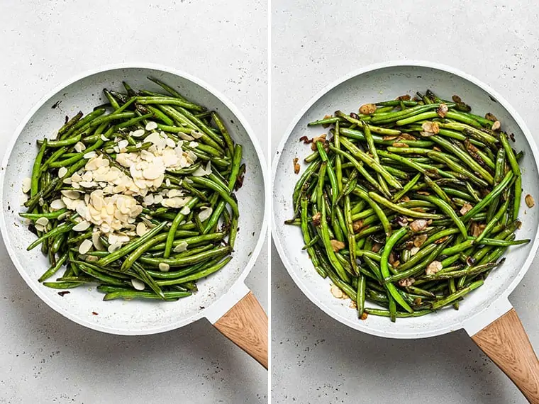 collage of garlic green beans sauteed with tamari and almonds