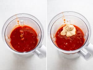 adding hummus to tomato soup in a blender