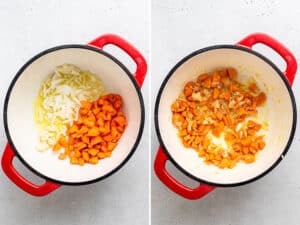 cooking onions and carrots in a pot