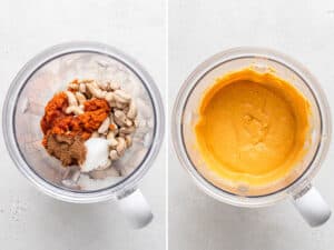 collage of blender with ingredients for no bake pumpkin cheesecake