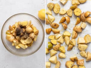 collage of seasoning lemon pepper potatoes
