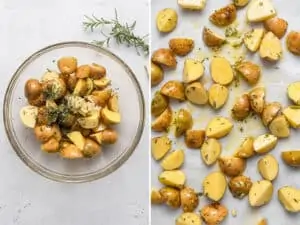 collage of steps to season potatoes