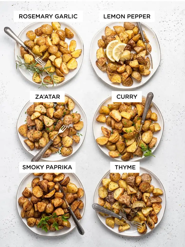 six plates of roasted potatoes with different seasonings