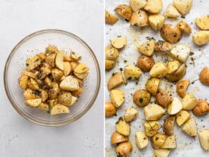 collage of roasting thyme potatoes