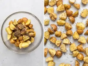 collage of roasting and seasoning za'atar potatoes