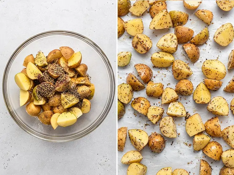 collage of roasting and seasoning za'atar potatoes