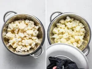 steaming cauliflower in a pot