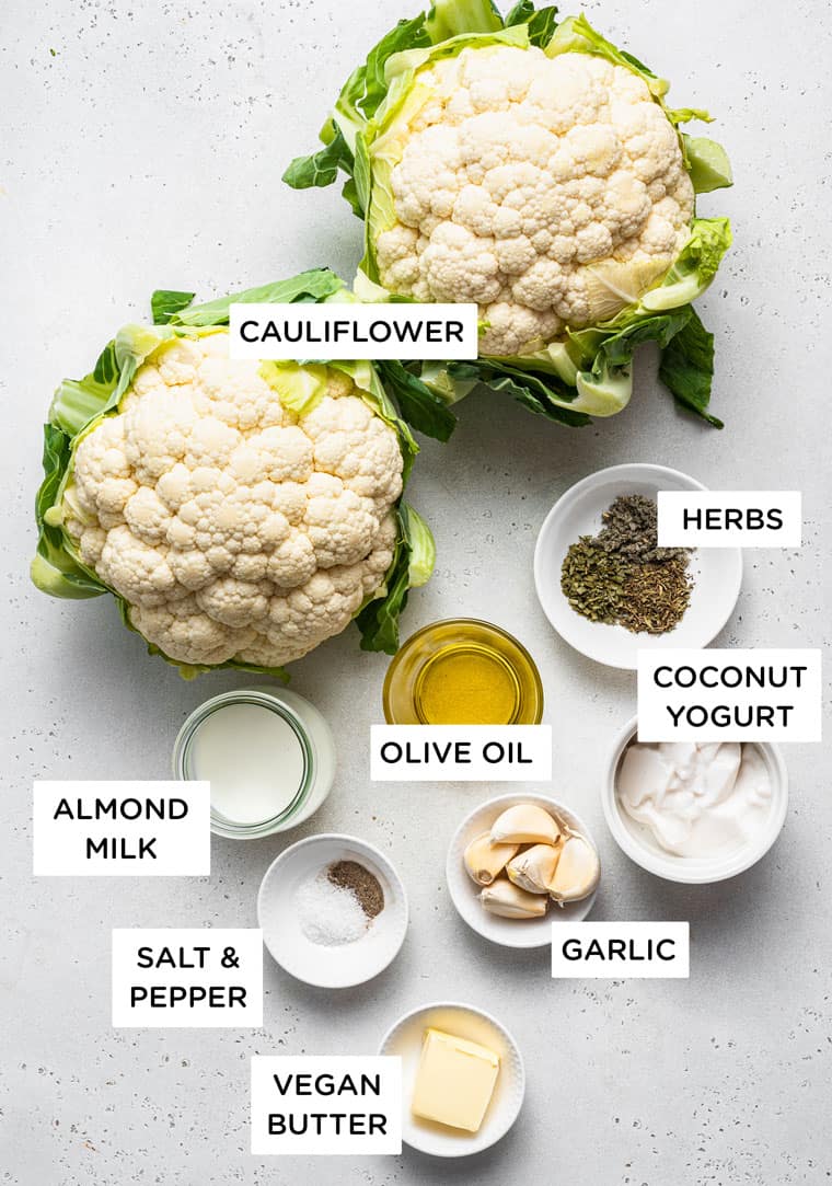 ingredients for mashed cauliflwoer with yogurt, garlic and oil