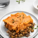 slice of shepherd's pie with sweet potato crust and lentils