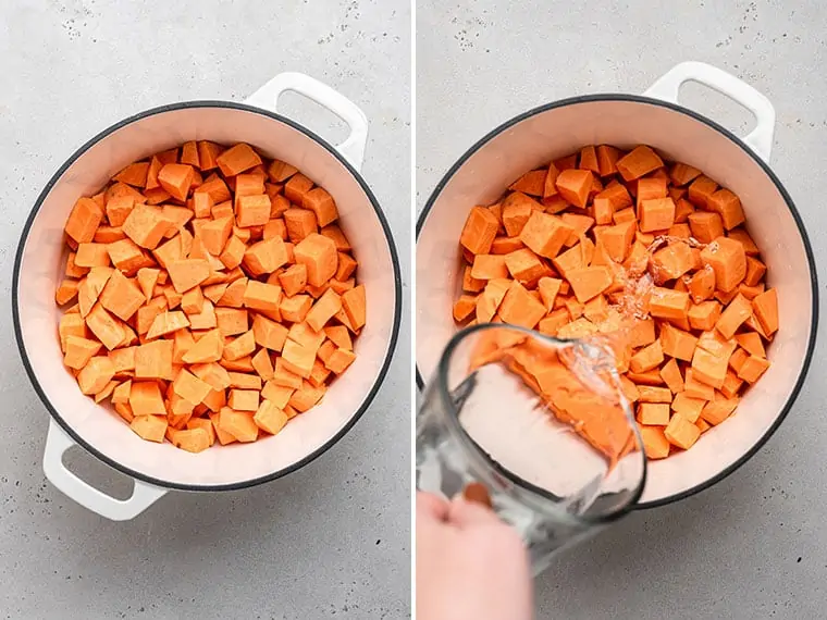 cooking sweet potato in a pot