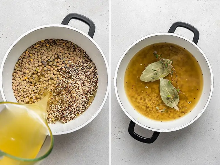 adding broth to seasoned lentils and quinoa in a pot
