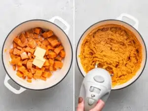mashing sweet potatoes in a pot with an electric mixer
