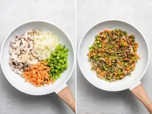 skillet with carrots, celery, mushrooms and onions for shepherd's pie filling