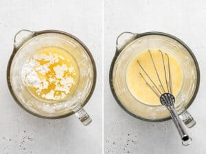 mixing floru and butter in a measuring cup