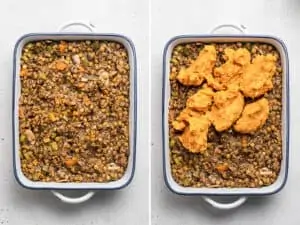 filling a baking dish with vegan shepherd's pie filling and mashed sweet potatoes