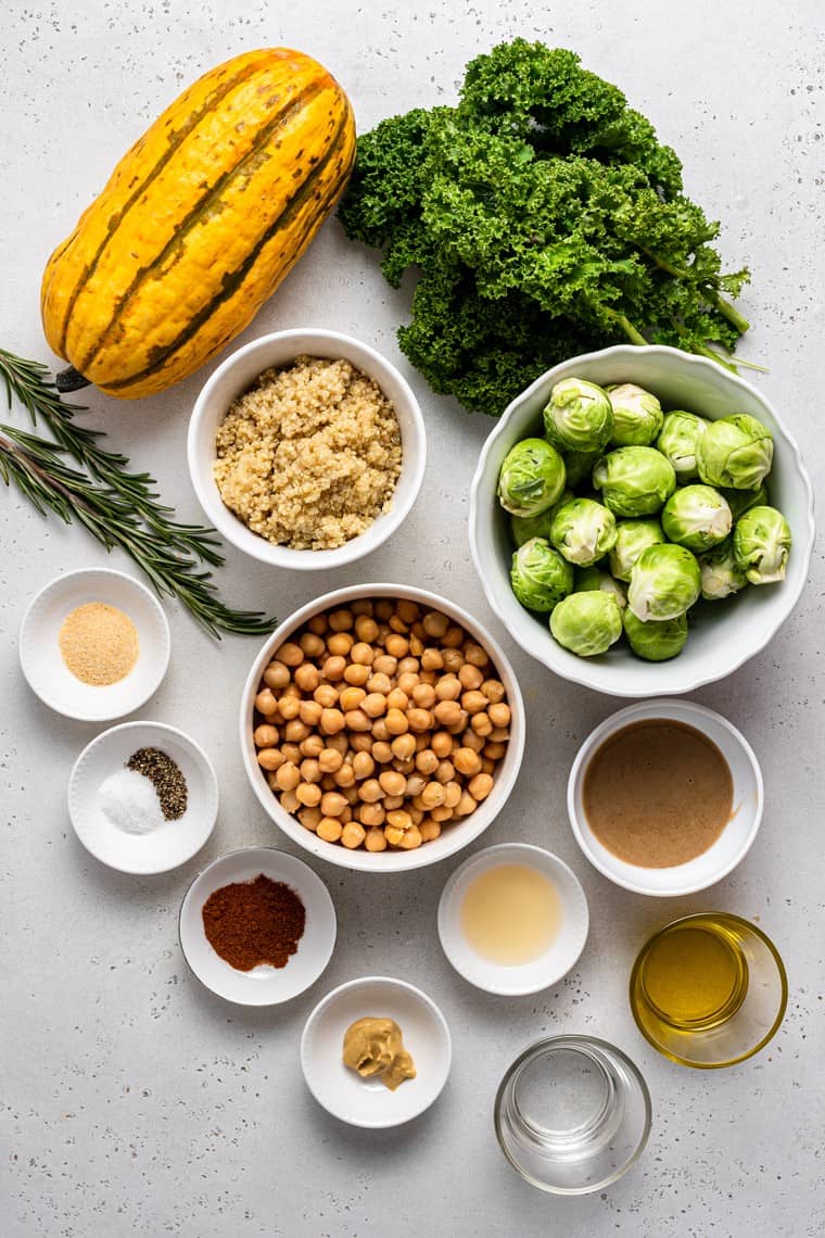 ingredients for fall harvest quinoa bowls with squash and kale