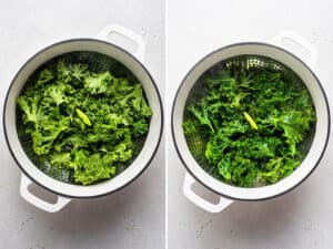 collage of massaging kale in a colander