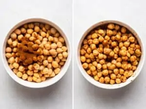 collage of seasoning chickpeas in a white bowl